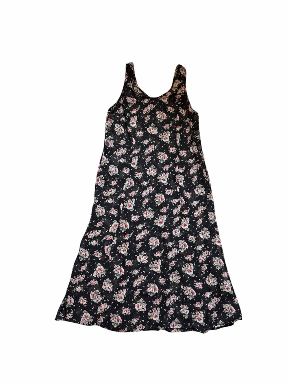 Vintage 90s Rebecca floral print black and pink sheer sleeveless maxi slip dress